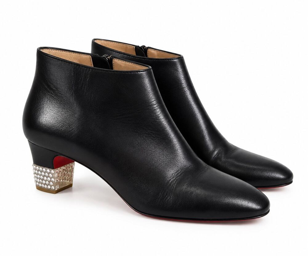 Christian Louboutin Crystal Heel Black Leather Ankle Boots IT 41 US 11 Red Sole